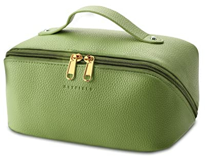 BATFIELD Sminkväska för kvinnor, Litchi PU-läder sminkväska för kvinnor, kosmetisk resväska med stor kapacitet, bärbar makeupkit, förvaringsväska med handtag och avdelare, sminkorganiseringsväska