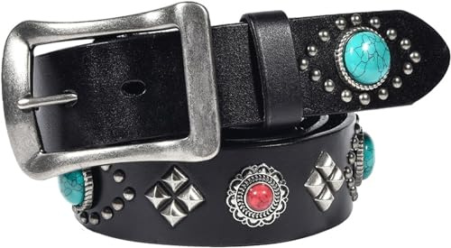 Western-Nietengürtel, Metall, Punk, Rock, roter Edelstein, türkisfarbene Inlay-Nieten, helle Pyramide für Damen und Herren, Cowgirl, Cowboy, Schwarz, 115 cm/Taille: 39 Zoll, 421Sensationell