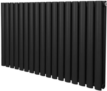 Radiatore a colonna ovale 600 mm x 1020mm Designer Doppio pannello Termosifone Nero Acciaio Inclusi Spazzola per la pulizia Kit di fissaggio e staffe