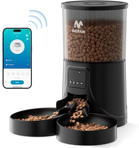IMIPAW Distributore Automatico Cibo Gatti con 2 Ciotole, 4L Dispenser Cibo Cani, Controllato da APP, 2.4G WiFi Alimentazione a Distanza, 10 Pasti al Giorno, per Animali Di Piccola e Media Taglia