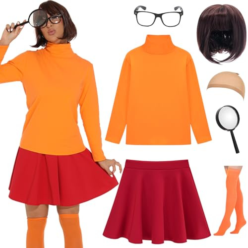 UIMLK Halloween Costumes for Women 2024 Sexy Couples Velma Costume Adult Cosplay Outfit,L Orange