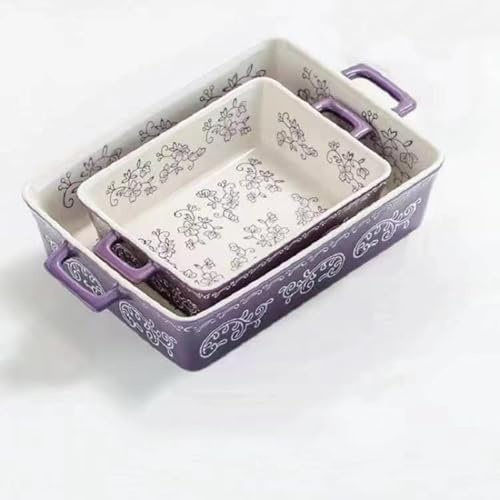 Domini Juego de 2 cacerolas para horno, platos de cerámica para horno, sartén para lasaña profunda, juego de sartenes para hornear cuadradas con asas para hornear, patrón morado (11.4 + 8.5 pulgadas)
