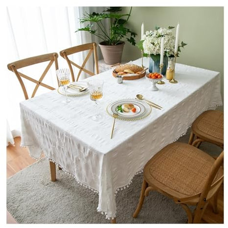 Epinki 140x220CM Tischdecken, Tischtuch Einfarbig mit Samtball Baumwolle, Tischdecke Biertisch Abwaschbar Geeignet für Home Küche Dekoration, Verschiedene Größen, Weiß