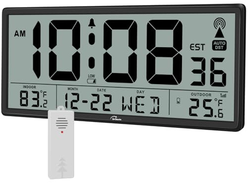 WallarGe Atomic Clock with Indoor Outdoor Temperature - Easy to Read - Self Setting, 14.5'' Jumbo Auto Set Digital Wall Clock Battery Operated