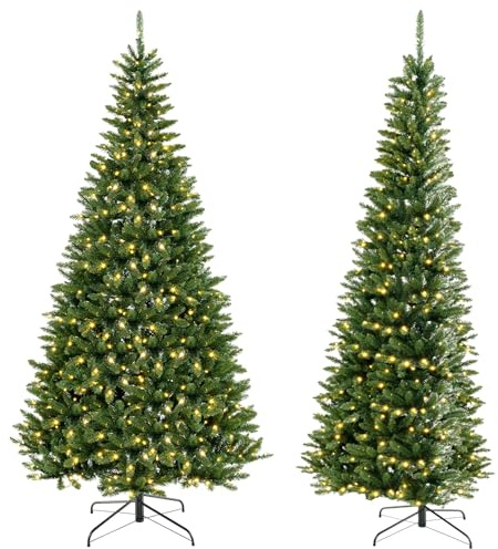 COSTWAY Albero di Natale Artificiale ad Angolo Pre-illuminat 240 cm | Albero di Natale con 360 Luci LED Bianche Calde, 1137 Rami e Supporto in Metallo, per Casa, Ufficio e Negozio