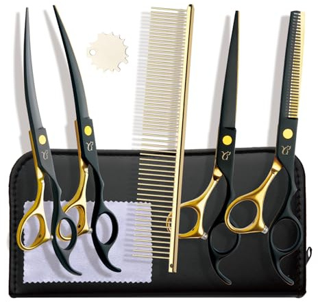 CITYWISH Dog Grooming Scissors,Paint Coated Curved Scissors Thinning Scissors with Safety Round Tips, Sharp and Durable 5 in 1 Dog Scissors for Grooming