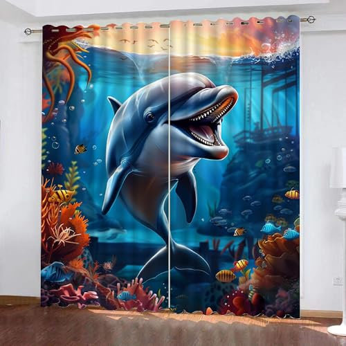 Generisch Delfin Gardinen 2 Stück H 140Cm X B 60Cm, Tiere Vorhang Blickdicht Ösen Kurz,Verdunklungsvorhänge Kinderzimmer Mädchen Jungen,Kinder Vorhang Verdunkelung Für Schlafzimmer,A7