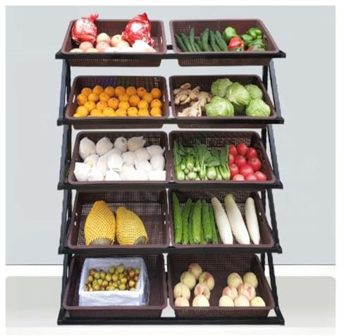 Snack-Regal im Supermarkt Großes Bodenstehendes Lebensmittelregal Mit Korb, 4 5-stufiges Snackregal Mit Antirutschmatte, Supermarktregale Für Zuhause/Kiosk/Obstladen(Brown,47.2x13.8x59.1 in)