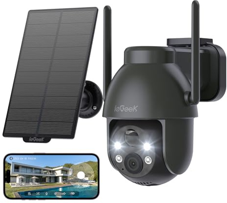 ieGeek 3MP Camara Vigilancia WiFi Exterior Solar con Bateria Sin Cables, Camara Vigilancia Exterior Solar Visión Nocturna Color, PTZ 360° App Remoto, Humana Detección, IP65, Voz Bidireccional (Gris) | Sin Cables, Visión Nocturna Color, PTZ 360° App Remoto, Humana Detección, IP65, Voz Bidireccional