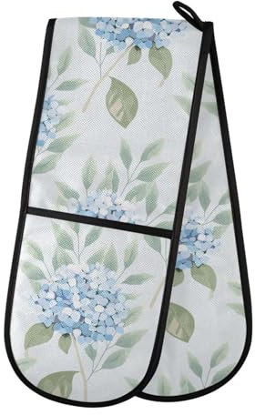 Double Oven Gloves Blue Hortensia Flowers Eucalyptus Branches Heat Resistant Pot Holder Oven Mitt Gloves for BBQ Cooking Baking Grilling Microwave