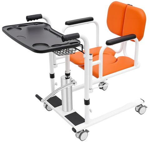 Fahrbarer Toilettenstuhl, Duschstuhl inkl. Nachttopf & Pedale & Essensablage, Belastbarkeit bis 150 kg, Höhenverstellbar Nachtstuhl für Patienten Senioren Behinderte Schwangere (Orange)