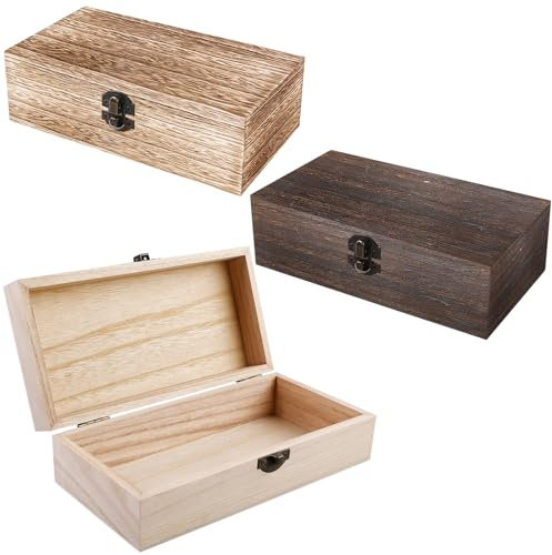 GOMETY 3 Scatole di Legno Naturale con Coperchio, con Cerniere e Chiusura, Piccole Casse in Legno per la Casa e l'Ufficio, Rustiche, 20 x 10 x 6 cm
