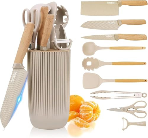 Coltelli da Cucina, 6 Pezzi Set Coltelli da Cucina con 4 Utensili da Cucina in Silicone, con Ceppo Coltelli da Cucina, Spatola da Cucchiaio, Cucchiaio da Pasta, Cucchiaio da Zuppa (Kaki)
