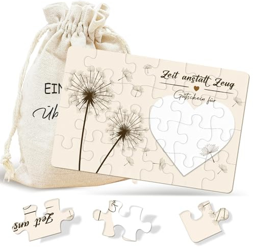 Gutschein Puzzle, Zeit Statt Zeug, 24 Gutscheine Geburtstagskarte Puzzle | Wunschgutschein Weihnachtskarten mit Baumwoll Säckchen, Gutscheinkarte Geburtstag Weihnachten Geschenke Reisen Hochzeit