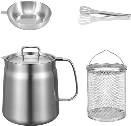 DYUEE Deep Fryer Pot with Basket 2L, Stainless Steel Oil Strainer Pot | with Lid and Fine Mesh Strainer, Fine Mesh Strainer Fat Container for Frying Oil Cooking Grease