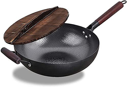 Wok de acero al carbono martillado a mano con tapa de madera y mango de madera - Sartén para cocina china, japonesa y cantonesa - Wok de fondo plano para cocina asiática - Olla (diámetro de la ol
