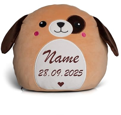 Schnoschi Kuscheltier mit Namen oder Initialen Bestickt, personalisiertes Stofftier, individuelles Schmusetier mit Wunschnamen (Hund)