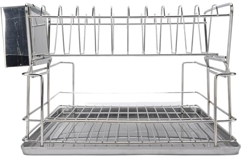 2 Tier Kökskål Torka Rack Rostfritt Stålavlopp med Bestick för Skålar och Rätter, Utrymmebesparande