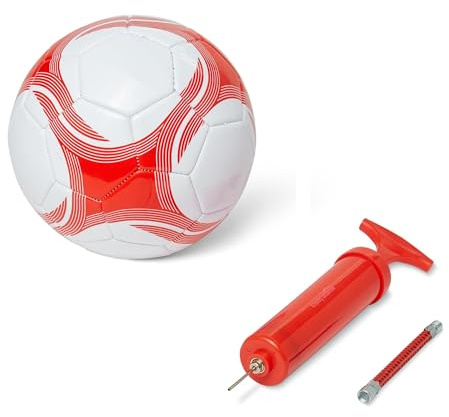 Amazon Basics - Pallone Calcio Misura 3 con Pompa, Pallone Allenamento, Struttura in PVC Resistente, Camera d'Aria in Butile, Uso Interno ed Esterno, Pallone da Gioco Cucito a Macchina, Bianco e Rosso