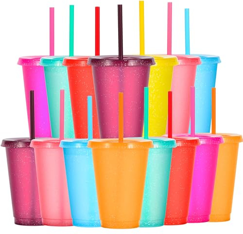 Yisituo Lot de 15 gobelets réutilisables en plastique de 480 ml avec couvercle et paille pour boissons froides, café glacé, voyage et smoothies (couleur pailletée)
