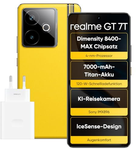 realme GT 7T Smartphone, 5G Dual SIM, 12GB RAM, 256GB ROM, 6,8 AMOLED Display, Dimensity 8400-MAX Chipsatz, 7000mAh Titan Akku, AI Travel Snap Kamera, IceSense Gelb (Adapter Enthalten)