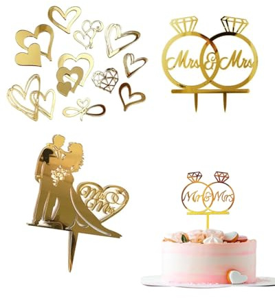 TPZORJX 10 pcs decoración de acrílico para tartas - decoración de tartas en forma de corazón, decoración de boda acrílico dorado, Topper Tarta Boda, para niñas, bodas, aniversarios, fiestas