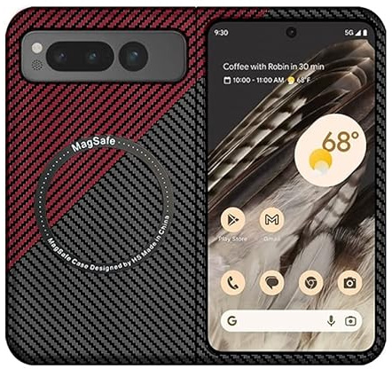 HARUINO for Pixel Fold (2023) Magnetic Case Carbon Texture Protective Cover with Magnet Ring, Ultra Light Slim Hard Mobile Phone Case with Camera Protector, Red and Black