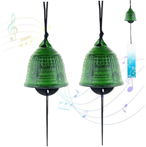 Muzrunq Carillon de Vent Japonais, Carillon de Vent en Fonte 2pcs, commémoratif et sympathie Green Temple Cloche pour l'extérieur ou à l'intérieur pour Good Luck Garden, Patio, Balcon