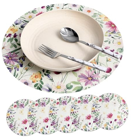 VALICLUD Manteles Paquete de 6 de Lino Individuales Diseño Floral Encantador Redondos Lavables y Cómodos al Tacto para Mesa de Comedor Elegante y Práctica