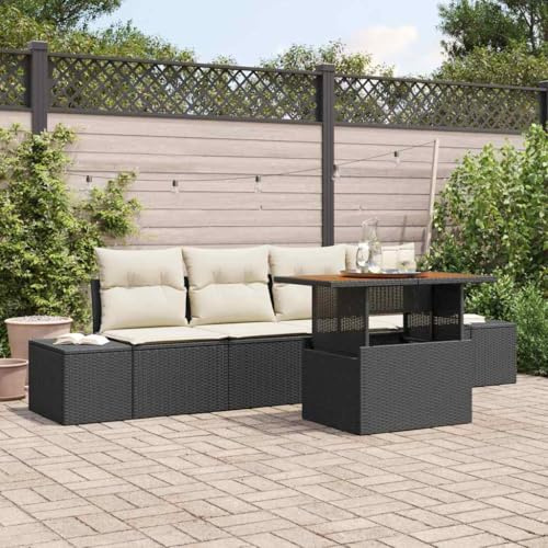QJBSAVVA Gartensofa Lounge Set 4-Sitzer Schwarz Creme 100x55x73 cm Poly Rattan mit Stauraum & Akazienholz Beistelltisch Modernes Outdoor Möbel für Balkon Terrasse Garten