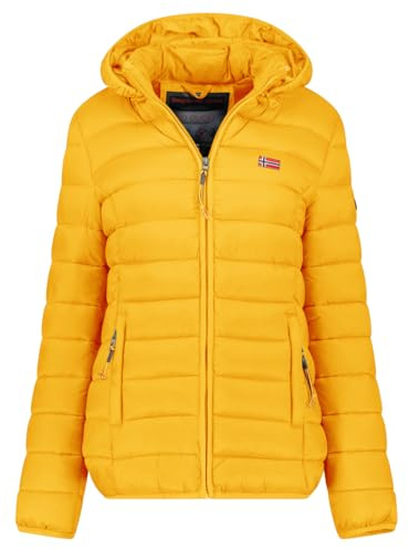 Geographical Norway Atikolor Capucha – Chaqueta de plumas ligera para mujer con capucha – Blouson acolchado cálido de media temporada – Estilo urbano – Bolsillos con cremallera – Insignia y bandera