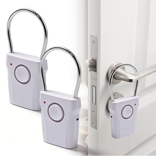 BAIFULAI Lot de 2 alarmes pour poignée de porte - 120 dB - Détecteur tactile - Pour la maison, la chambre d'hôtel, le camping-car - Blanc