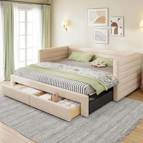 Cama Nido Tapizada 3-en-1 con Tejido de Algodón y Lino, Cama Nido Extensible con Cajones, Convertible en Cama Individual y Doble con Somier, para Dormitorio y Apartamento, Beige, 90 x 190 cm