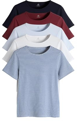 THE SET Donne Confezione da 5 t-Shirt Girocollo Aderenti a Maniche Corte Red/Navy/Stripe/Light Blue/White L