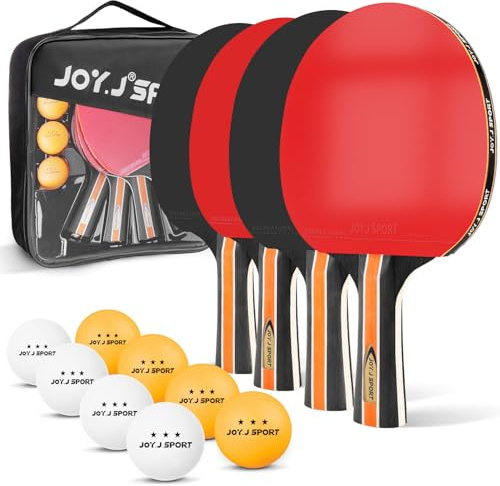 Tischtennisschläger Set, 4 Tischtennisschläger mit 3-Sterne-Tischtennisbälle und Tragetasche, Tischtennis Schläger Set für Indoor und Outdoor, ideal für Familie, Freizeit und Training
