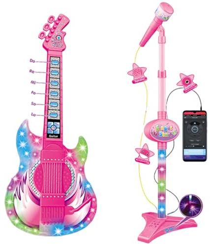 Grtheenumb E-Gitarre für Kinder, Gitarre und Mikrofon für Kinder, Spielzeug mit Musik und Licht, höhenverstellbares 2-in-1-Mikrofon mit Ständer, Spielzeuginstrumente Lernen