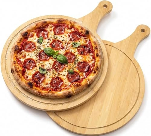 Ruikcoll 2 stycken pizzatallrikar, pizza träbräda, tallrikar med spår, 30 cm pizzabräda, rund skärbräda med handtag, för hackning och servering av korv, ost, bröd, pizza, biff