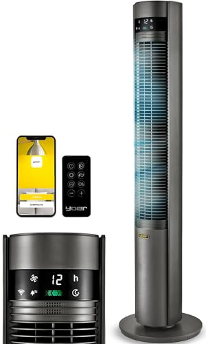 YOER 19dB sehr Leiser Turmventilator, 12 m Wurfweite, WLAN & App, 12 Geschwindigstufen 3 Modi 12h Timer 80° Oszillation, Ventilator mit Plasma-Ionisator für Schlafzimmer, CoolWhisper TF07G, grau
