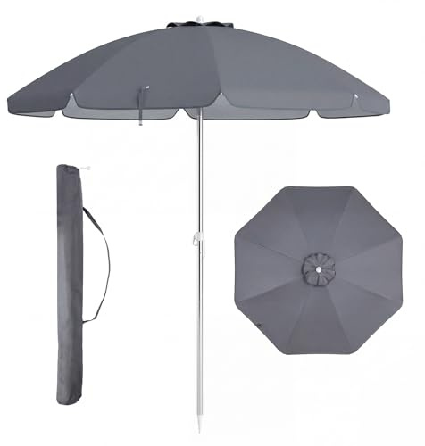 FANTASK Ombrellone da spiaggia, 178 cm, con picchetto e borsa per il trasporto, UPF 50+, protezione solare antivento stabile, ombrellone da giardino per balcone, giardino e terrazza (grigio)