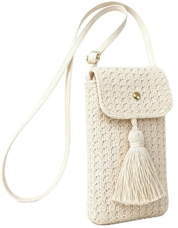 Dooaqiin Womens Small Straw Crossbody Phone Bag Bohemian Woven Cellphone Pouch with Tassel Adjustable Strap Summer Beach Holiday Handbags