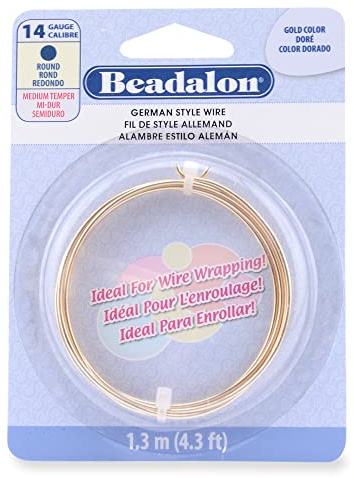Beadalon Alambre de envoltura de estilo alemán, redondo, color dorado, calibre 14, 4.3 pies
