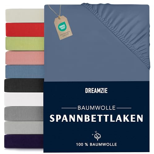 Dreamzie - Sábanas Bajeras 70x190/200cm Ajustable - 100% Algodon - Jersey | Azul · Altura de 12 cm · Sábana Ajustable · Lavable a 60 °C · Certificado Oeko-Tex · Cama Individual