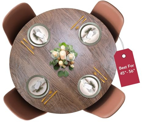 Covers For The Home Deluxe Elastic Edged Flannel Backed Vinyl Fitted Table Cover - Woodgrain (Oak) Pattern - Large Round - Fits Tables up to 45 - 56 Diameter