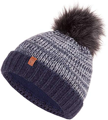 Faera Wintermütze warm gefüttert mit Kunstfell Bommel-Mütze Fleece-Futter Winter Strick-Mütze Beanie-Mütze Damen Herren One-Size 03, Farbe:Blau