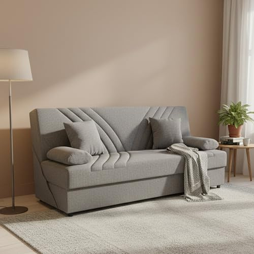 Dmora - Canapé lit 3 places Ramon, Canapé rangement avec 2 coussins inclus, Canapé de salon en tissu avec ouverture clic-clac, 181x81h88 cm, Gris