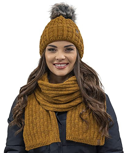 VIVISENCE Trendige Damen Winter Bommelmütze Mit Weichem Vlies-Innenfutter Aus Wärmendem Garn Antistatische Eigenschaften Perfekte Passform Für Kalte Wintertage Modisches, Dunkelgelb,Einheitsgröße
