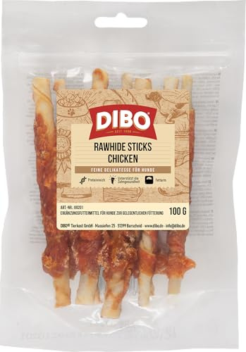 DIBO Rawhide Sticks Chicken, 100g Beutel- wiederverschließbar - leckerer Hundesnack als Belohnung oder zwischendurch, unterstützt die Zahnpflege, stillt das Kaubedürfnis - Futter für Hunde