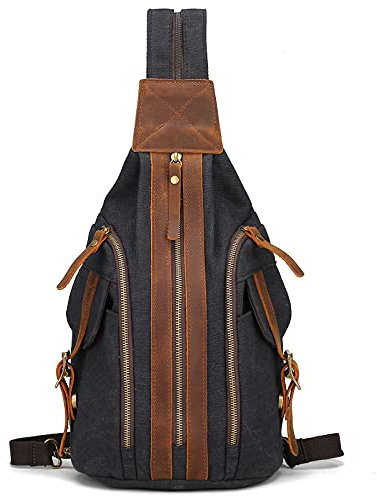 ADITAM Retro Sling Bag Canvas Small Daypacks Crossbody Schulterrucksack 3 in 1 Herren Brusttasche Lässiger Rucksack für Büro Arbeit Outdoor Reisen Pendeln Schultasche Dunkelgrau Schwarz Double The