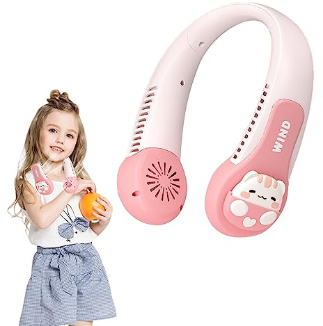 Uaste Portable Neck Fan - Cute Cartoon Design, 1800mAh USB Rechargeable, 3 Speed Adjustable, Bladeless for Boys and Girls, Students (Pink), (MAC-606)