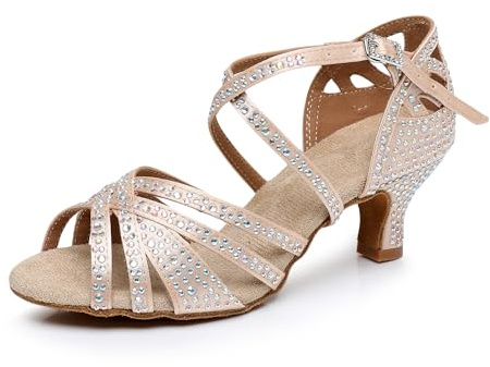 Rosefinch Chaussures de Danse Latine avec Strass Fond Souple Moderne pour la Pole Dance de Salle de Bal,la Danse de Mariage Chaussures Latines pour Filles et Femmes,5/7cm Talon 34-41EU